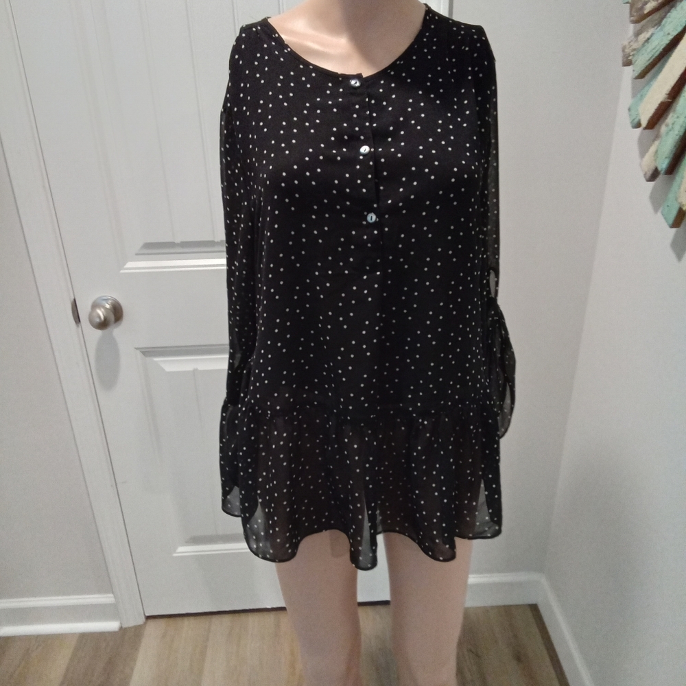 Black Polka Dot Chiffon Blouse Size M Long and Flowy